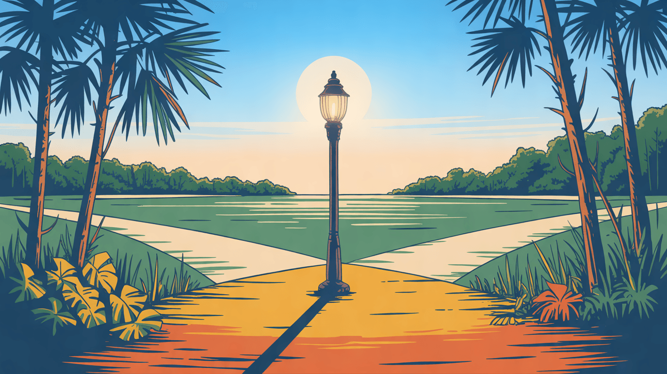 Illustration of two paths meeting at one crossing in Florida pine flatwoods, a lit lamp standing where they meet, in golden hour light
