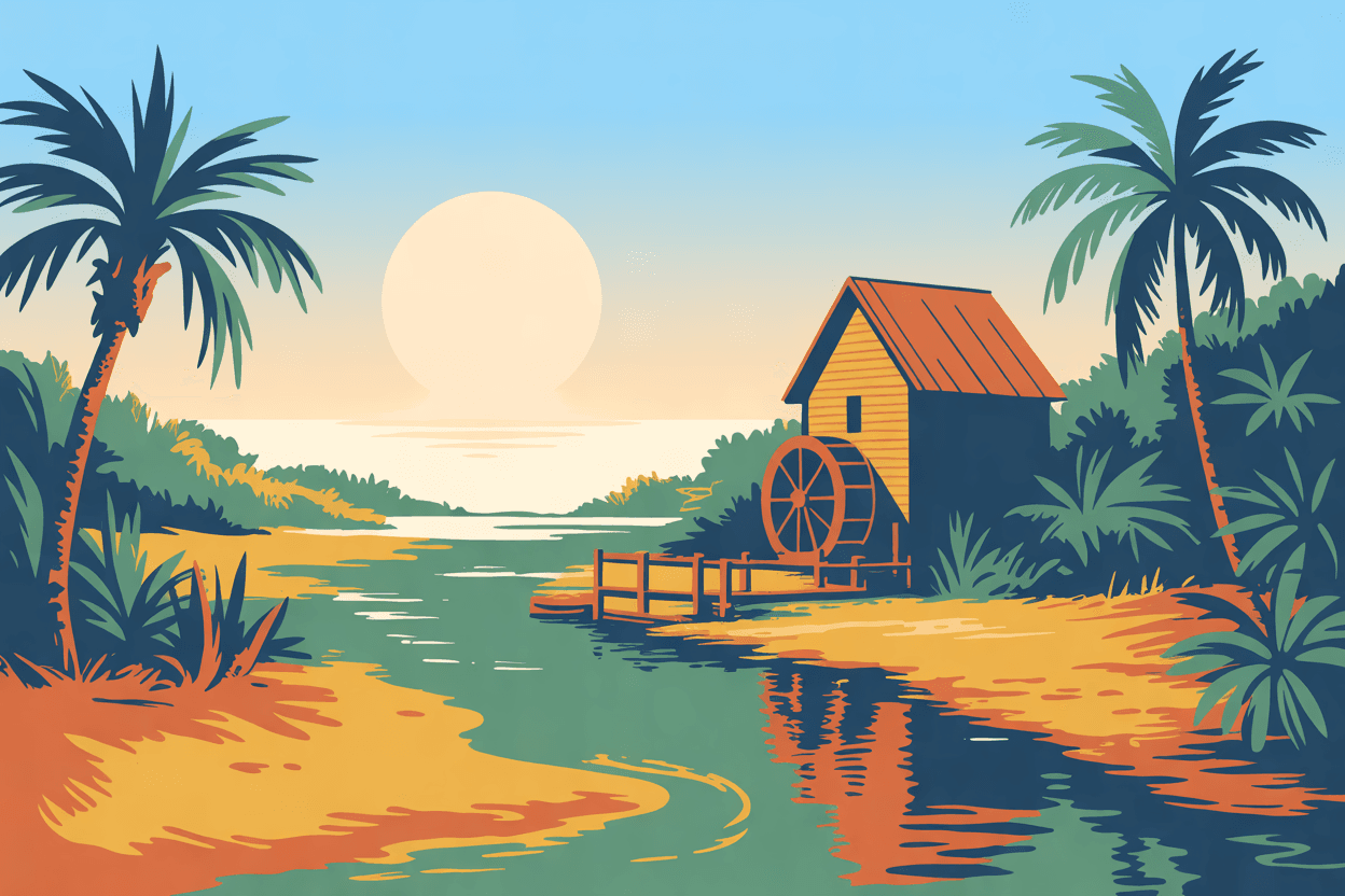 Illustration of a small water wheel mill beside a slow river under a low golden sun, in golden hour light