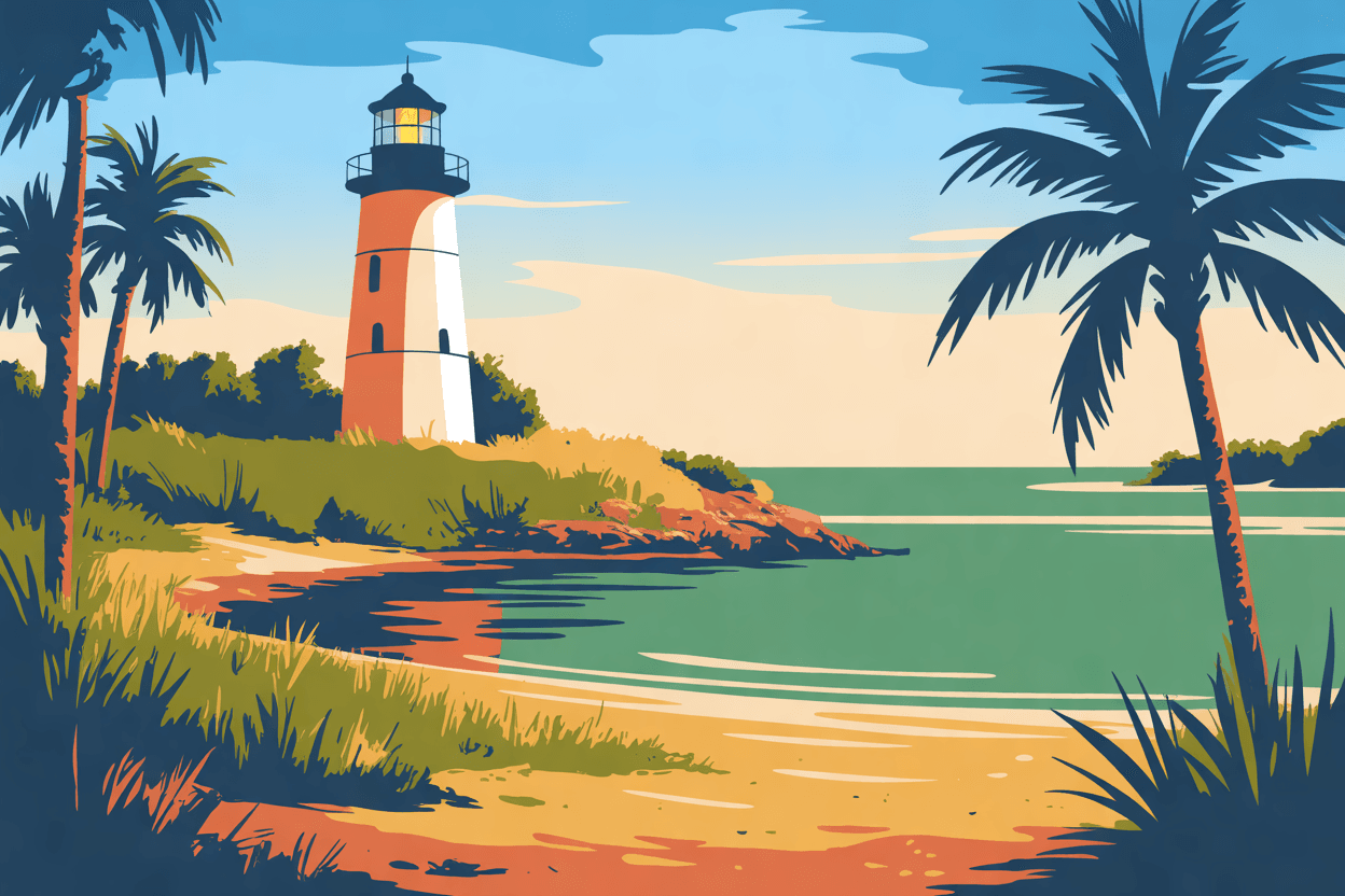 Illustration of a lighthouse on a grassy point above a calm harbor, its lamp lit, in golden hour light