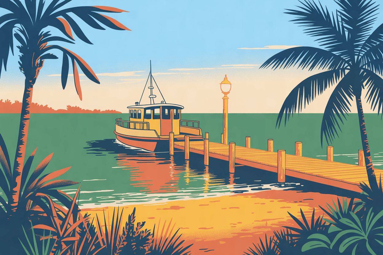 Illustration of a small ferry pulling away from a wooden pier with a lamp at its end, in golden hour light