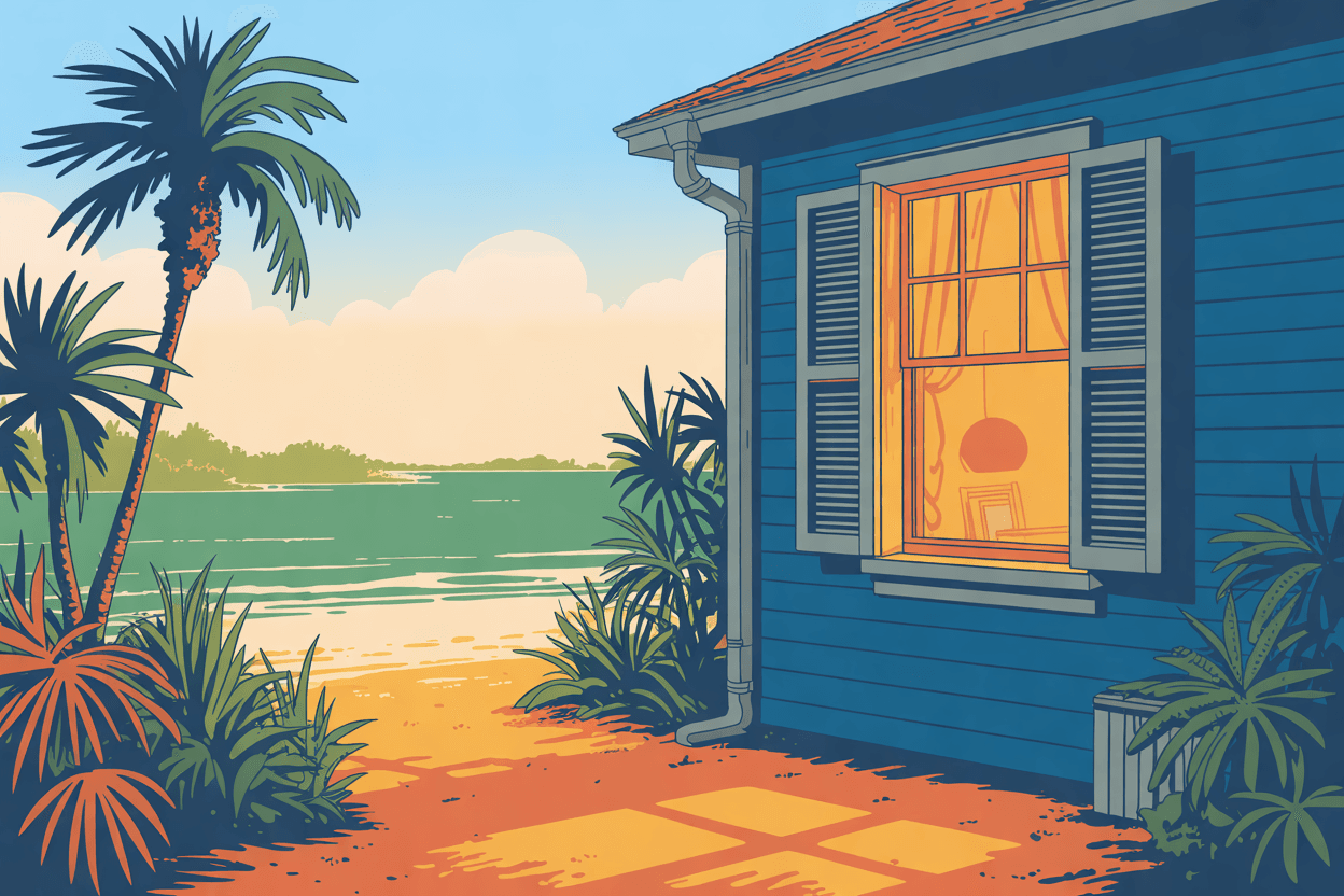 Illustration of the lit kitchen window of a Florida cottage with shutters open, in golden hour light
