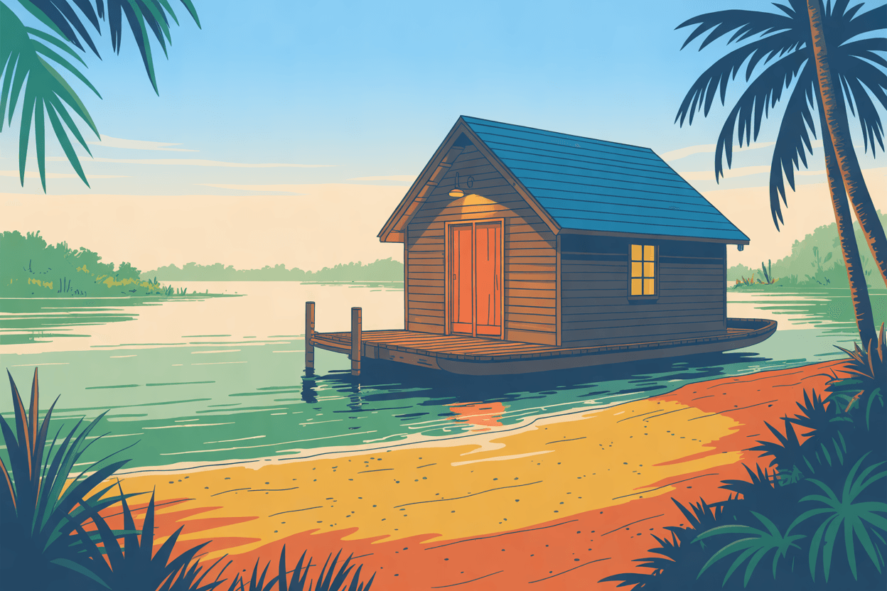 Illustration of a wooden boathouse on a calm lake with a lamp lit over its door, in golden hour light