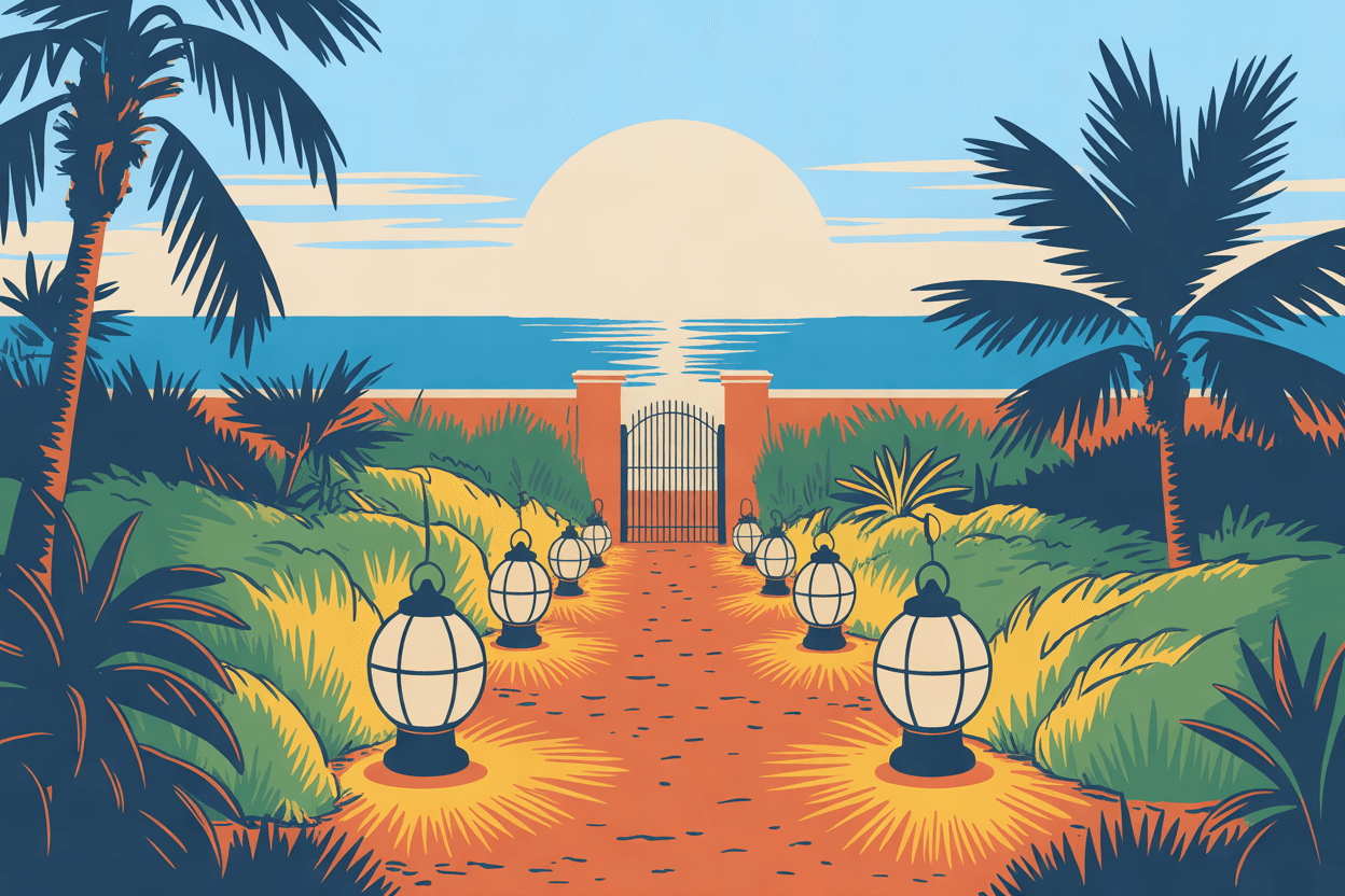 Illustration of a garden path lined with round lanterns leading to a lit gate, in golden hour light