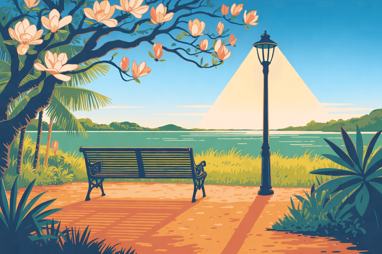 Illustration of an empty garden bench beneath a blooming magnolia, lit by a lamp post, in golden hour light