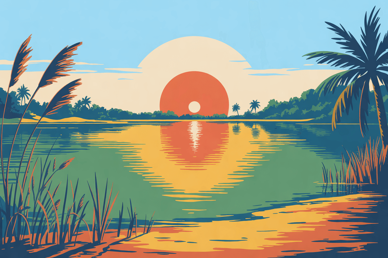 Illustration of a calm lake with reeds in the foreground, the low sun reflected and one lamp lit on the far shore, in golden hour light