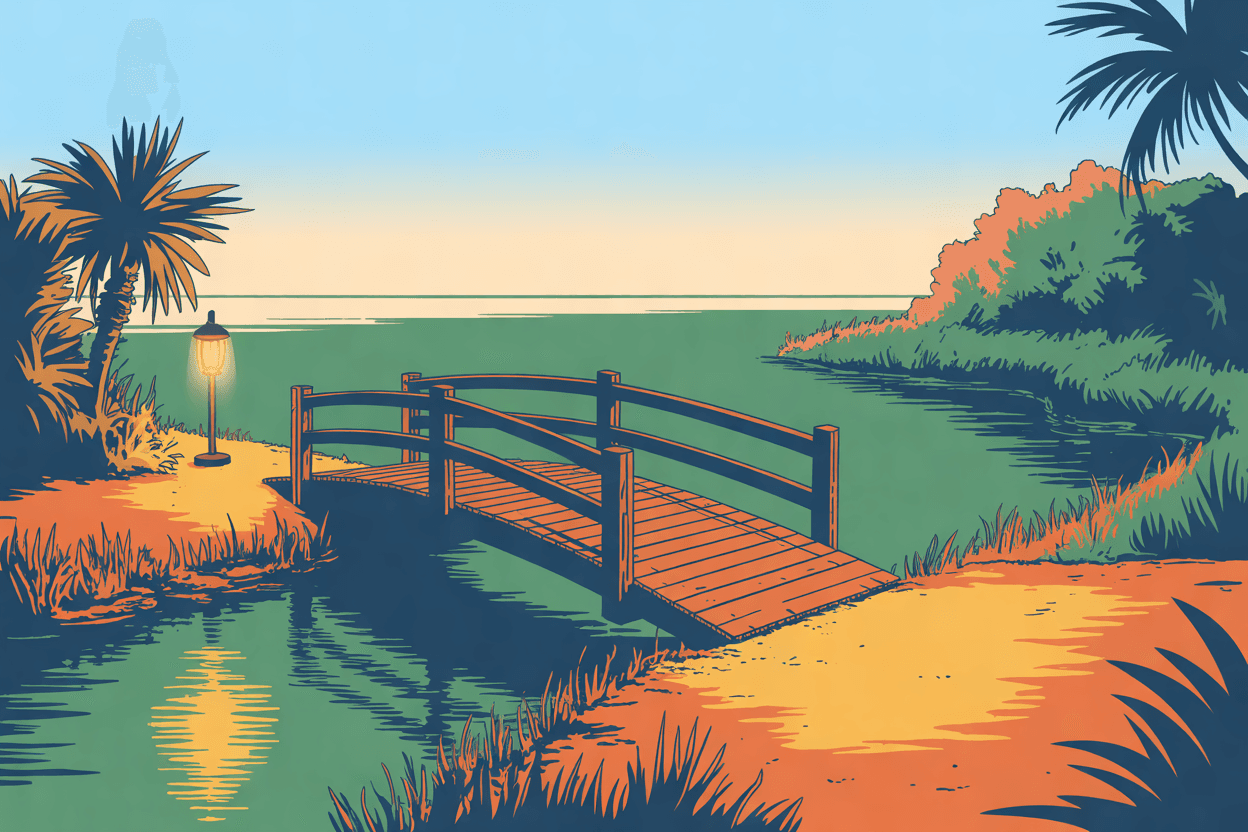 Illustration of a small wooden footbridge crossing a creek between two grassy banks, a lamp lit on the near side, in golden hour light