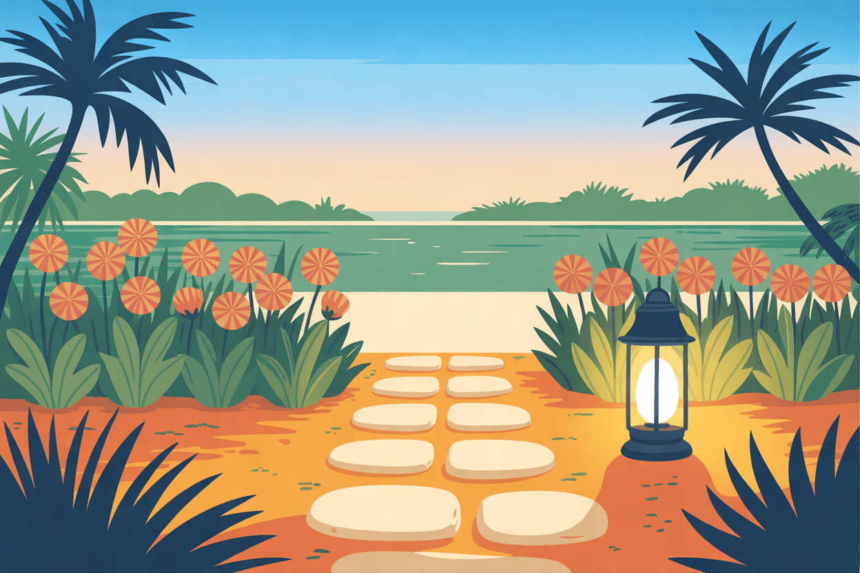 Illustration of a stone path between flower beds leading to a lit doorway, a lantern beside it, in golden hour light