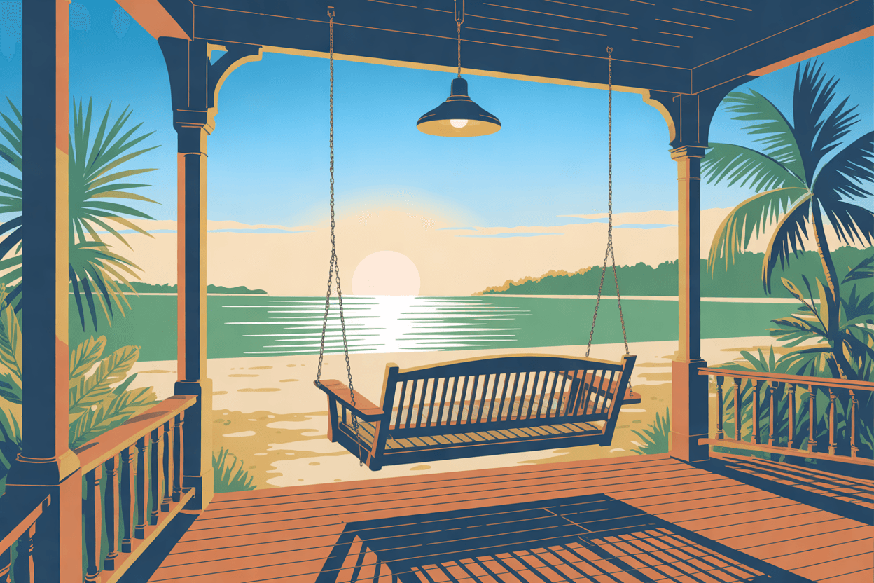 Illustration of an empty porch swing hanging on a wide front porch, a lamp lit overhead and the sun beyond, in golden hour light