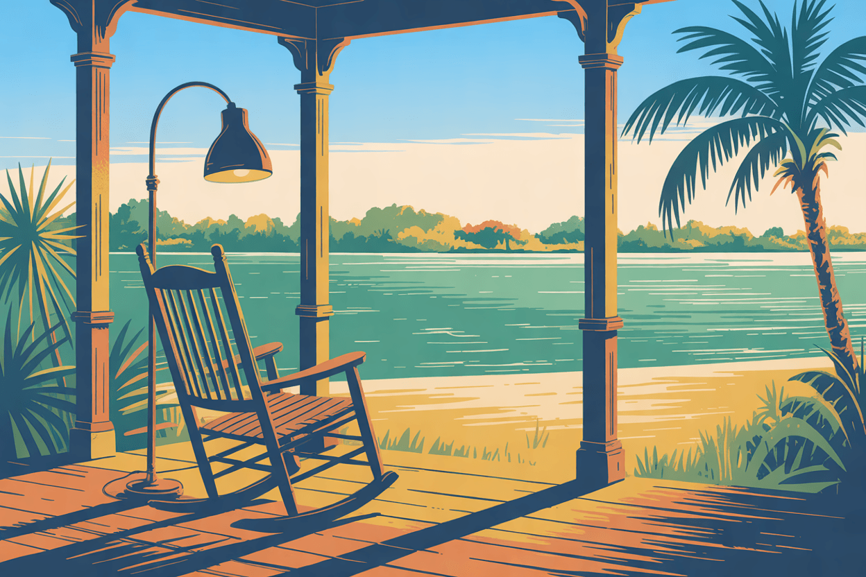 Illustration of an empty rocking chair on a porch beside a lit floor lamp, a lake beyond the posts, in golden hour light