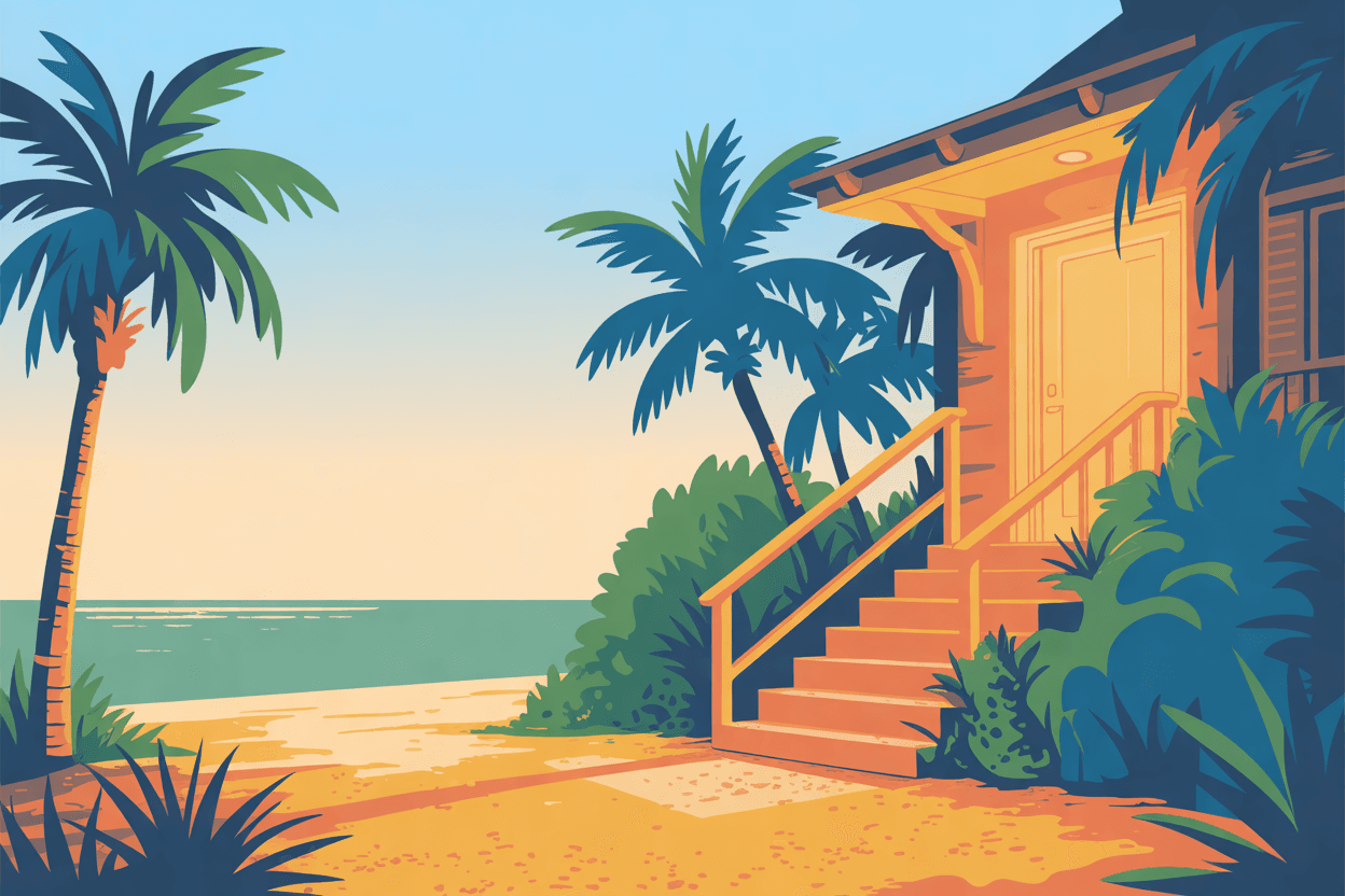 Illustration of a gently sloped walkway with a handrail leading to a lit front door, palms on either side, in golden hour light
