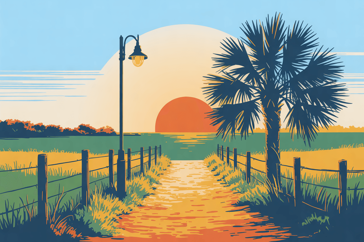 Illustration of a sandy lane between fences through Florida pasture, a lamp post and a cabbage palm beside it under a low golden sun, in golden hour light