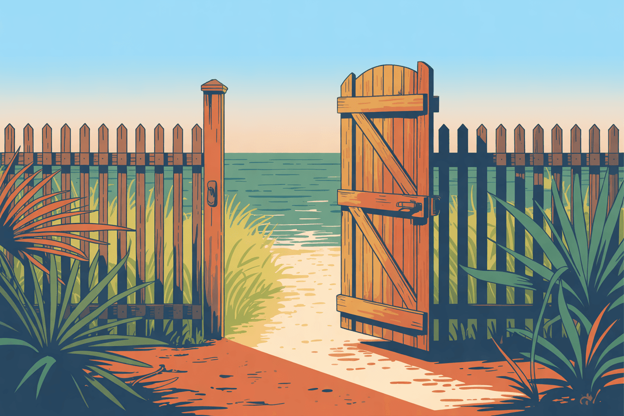 Illustration of a wooden garden gate standing open in a picket fence, a lit path running beyond it, in golden hour light