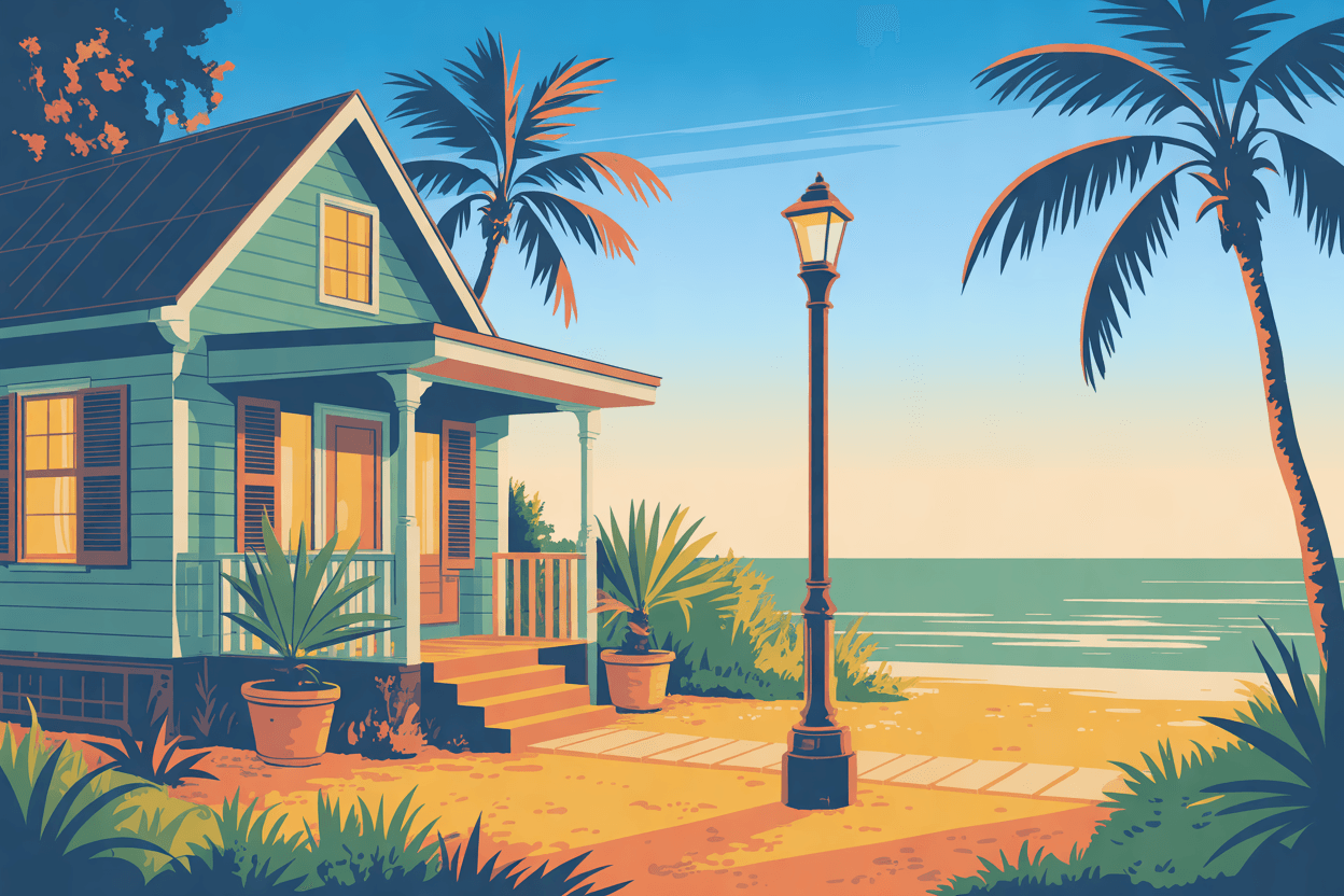 Illustration of a small Florida house with its porch windows lit, potted palms by the steps and a lamp post, in golden hour light
