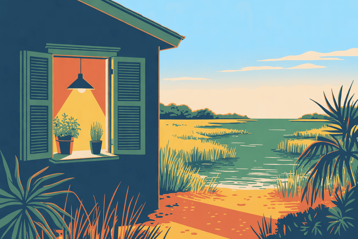 Illustration of a small cabin window lit with open shutters, a hanging lamp and an herb planter on the sill, marsh grass around it, in golden hour light