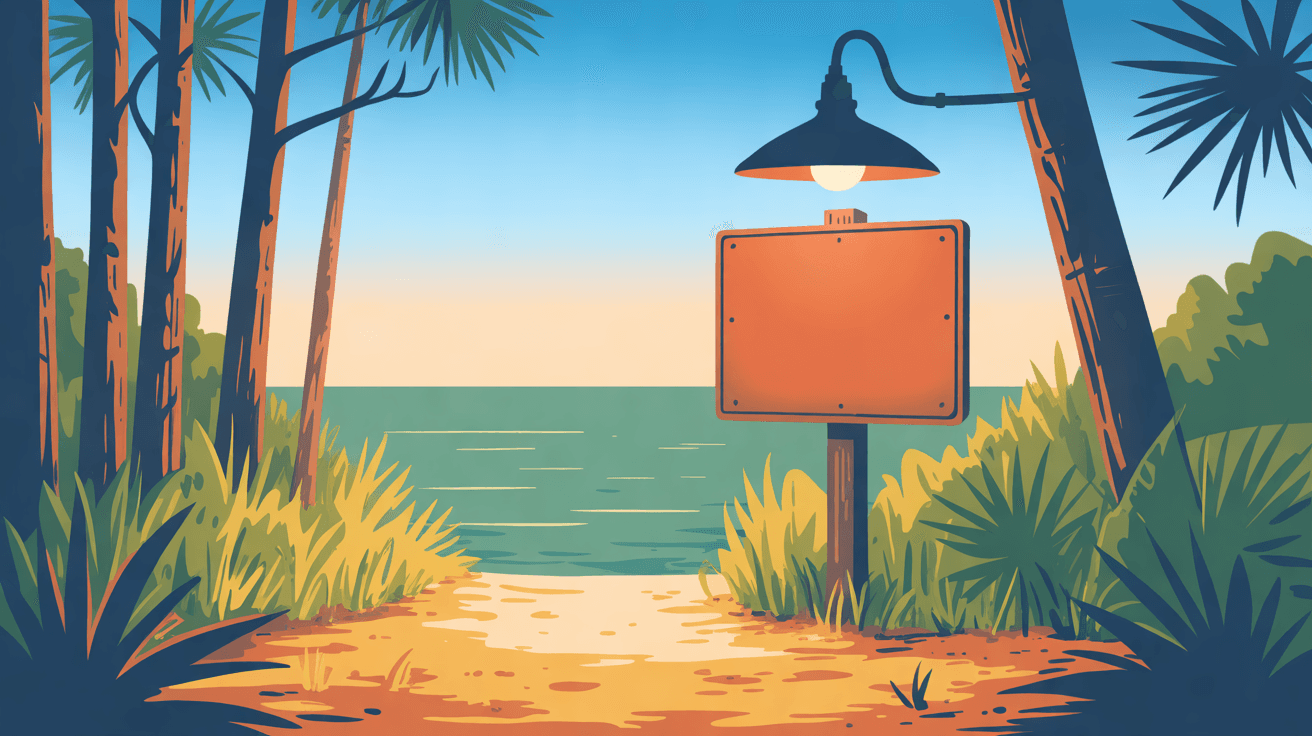 Illustration of a blank sign plate beside a path through Florida pine flatwoods, a lamp lit above it, in golden hour light