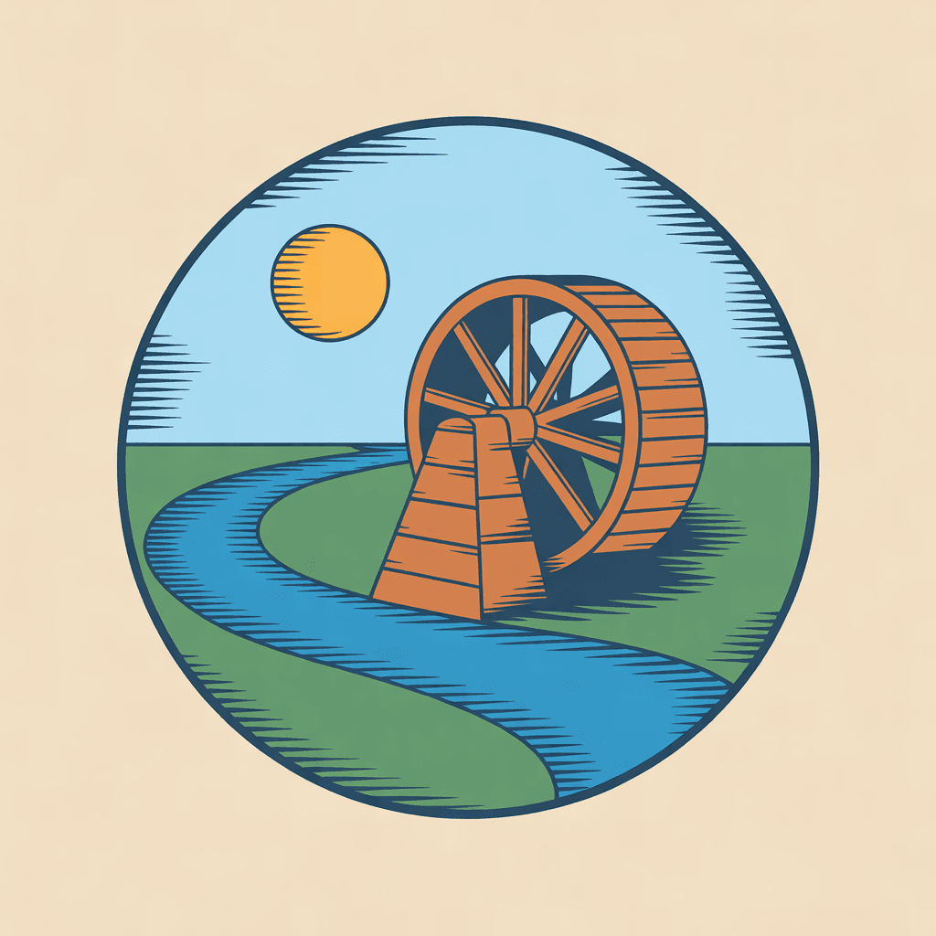 Illustration of a wooden water wheel turning beside a stream