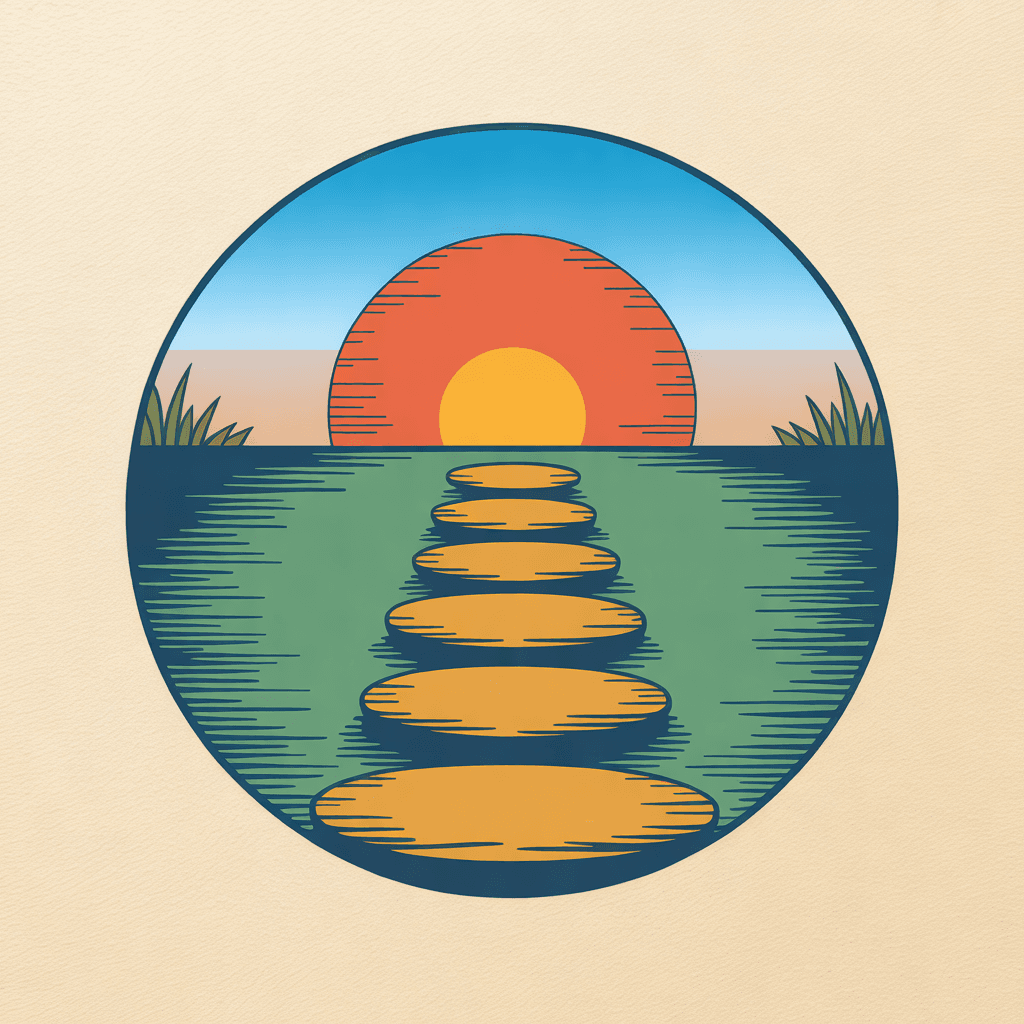 Illustration of stepping stones crossing calm water toward a rising sun
