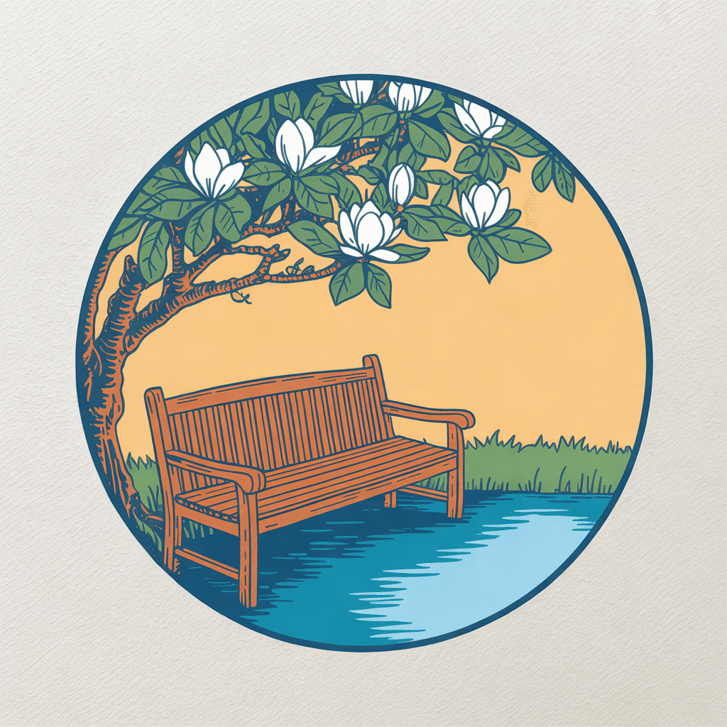 Illustration of a garden bench under a blooming magnolia beside a pond
