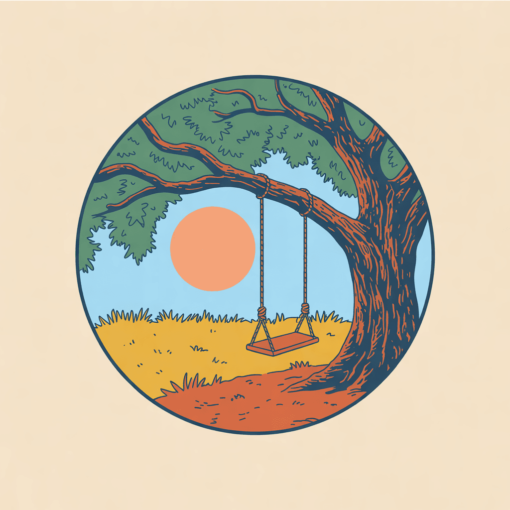 Illustration of a live oak hung with Spanish moss and a rope swing at sunset