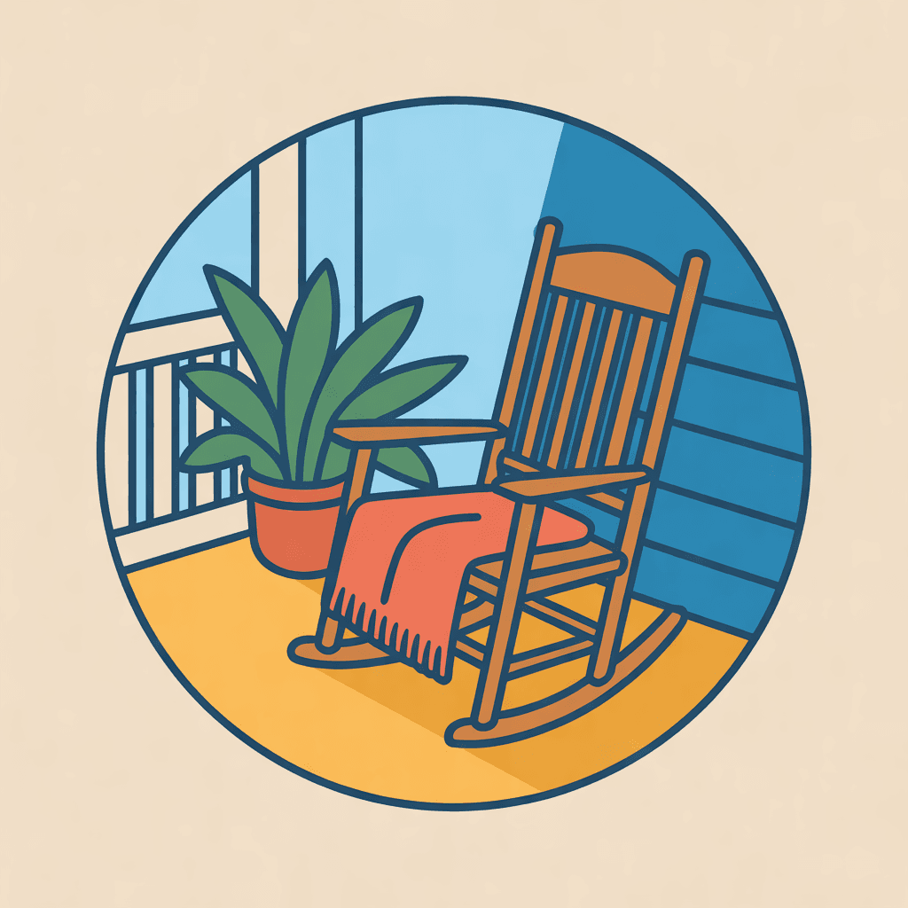 Illustration of a porch rocking chair beside a potted fern and a folded blanket