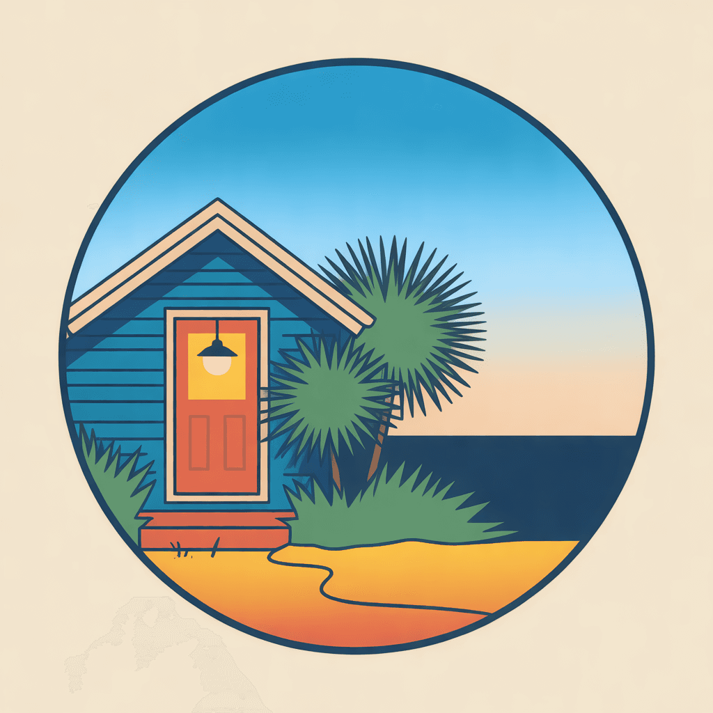 Illustration of a small Florida cottage with a coral door and a lit porch light beside palms