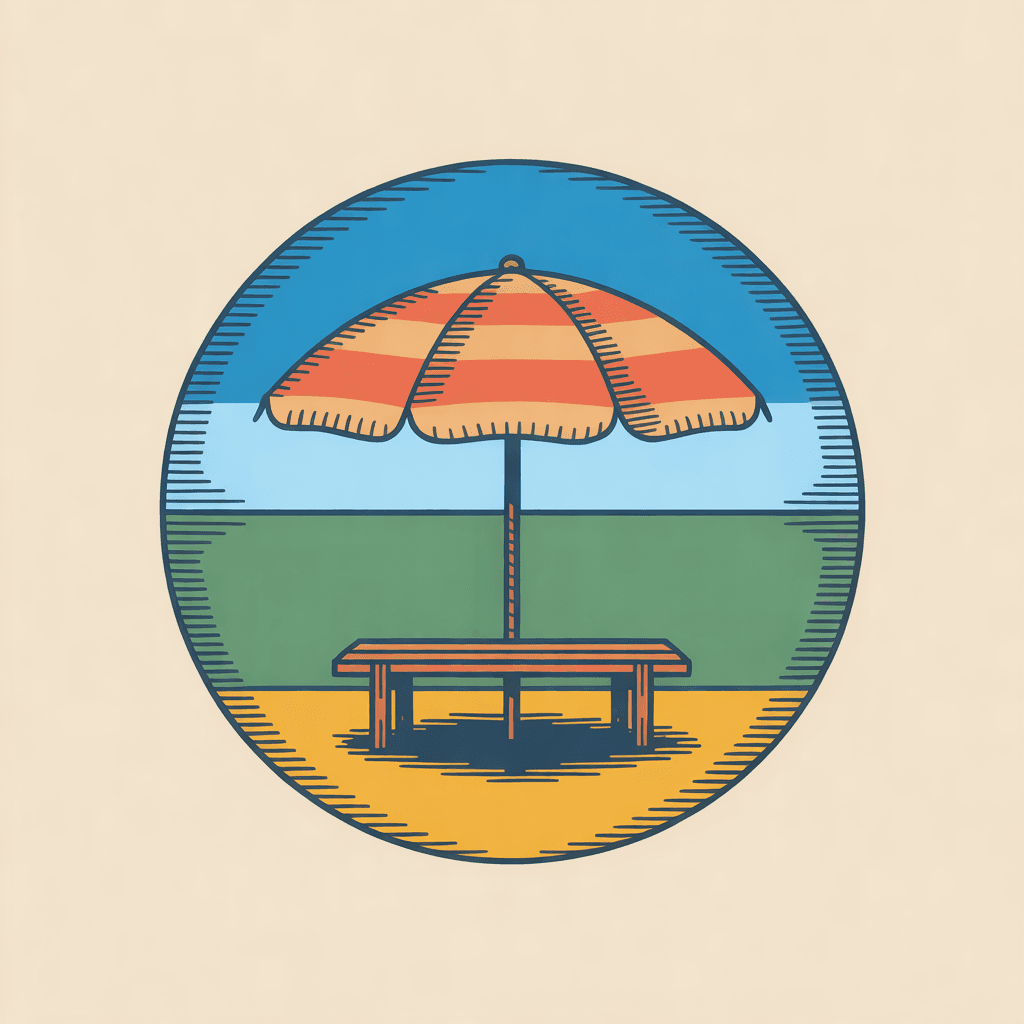 Illustration of a coral and sand striped beach umbrella sheltering a wooden bench