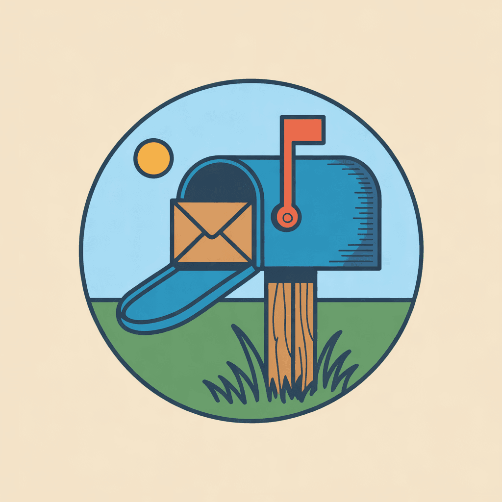 Illustration of a teal rural mailbox with its flag raised and a parcel inside
