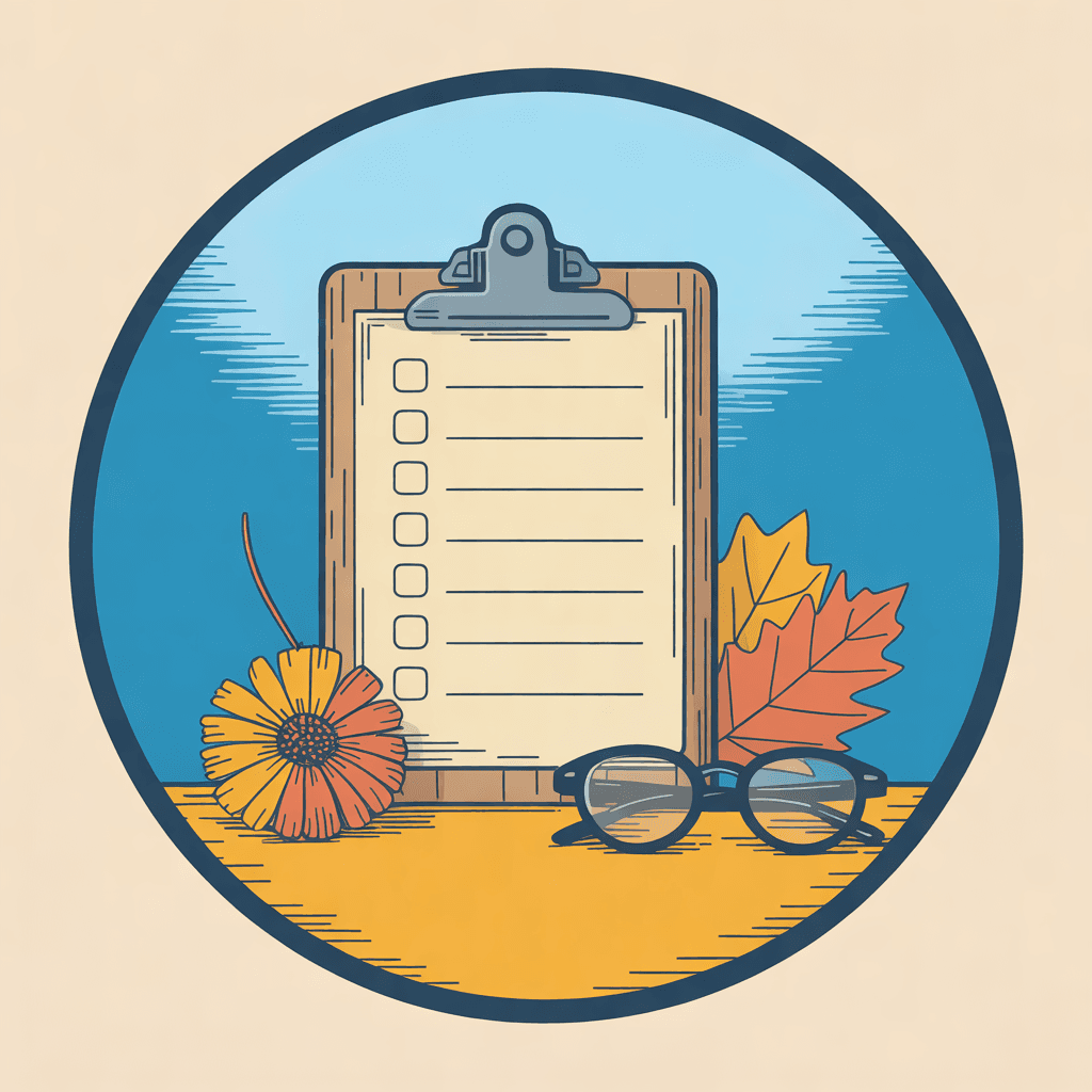 Illustration of a clipboard with a blank checklist, reading glasses and an autumn leaf