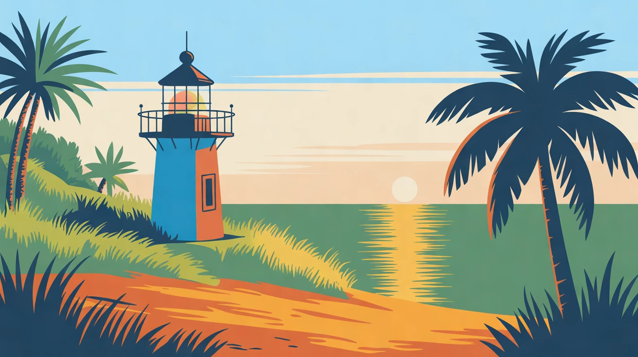 Illustration of a small lighthouse on a low grassy shore, its light lit and the low sun reflected in calm water, in golden hour light