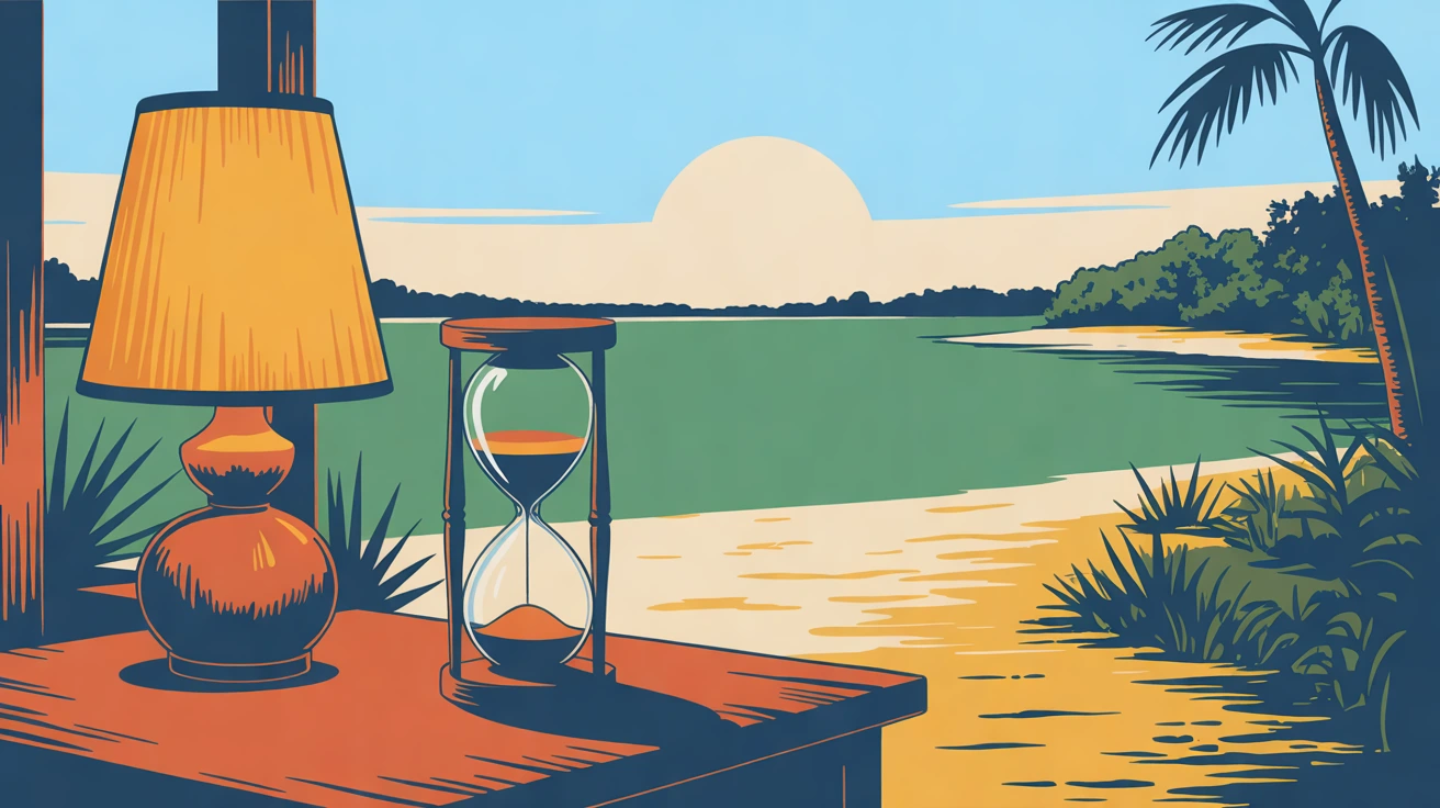 Illustration of an hourglass on a porch table beside a glowing table lamp, a lake beyond, in golden hour light