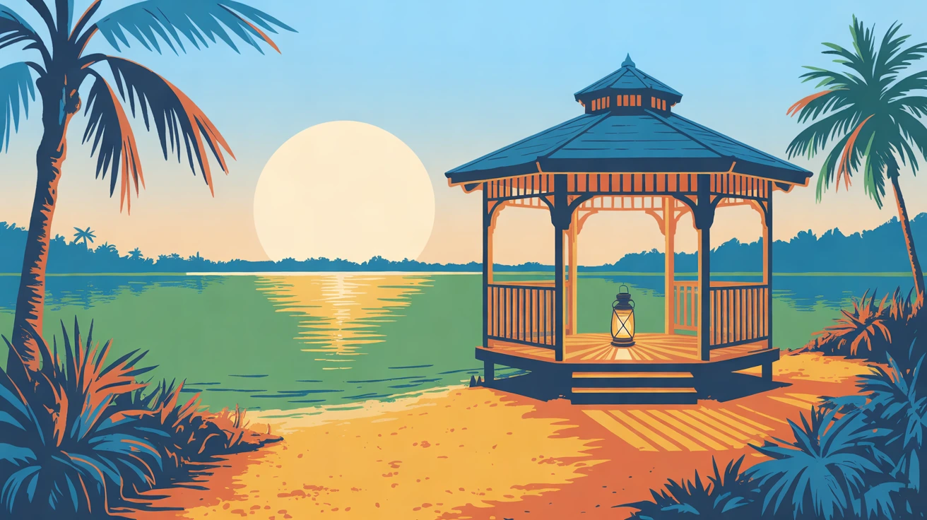 Illustration of a small open gazebo at the end of a lakeside walkway, a lantern lit inside it, under a low golden sun, in golden hour light