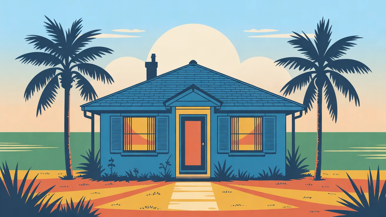Illustration of a small Florida bungalow with two lit windows side by side and palms on either side, in golden hour light