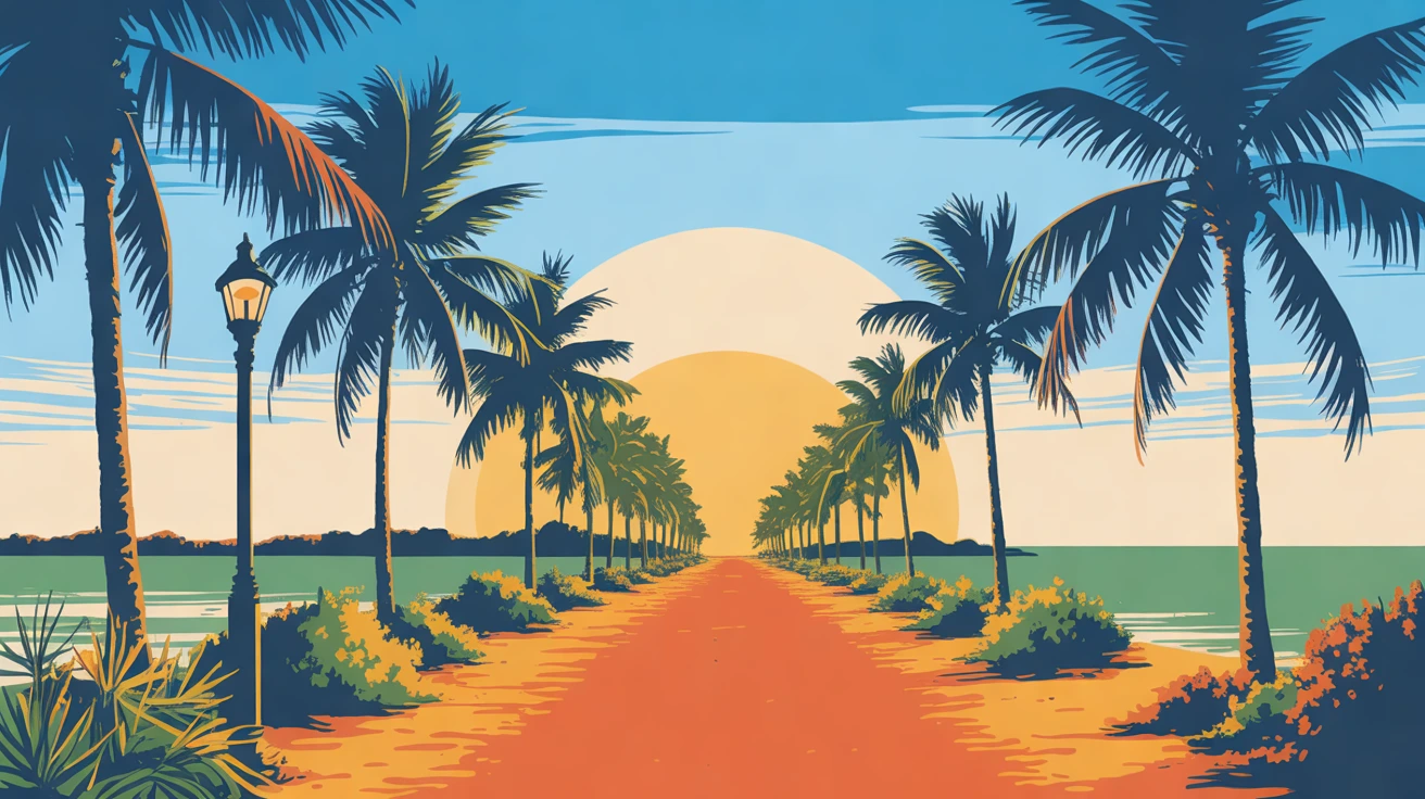 Illustration of a straight sandy road between rows of palms, ending at a lit lamp post under a low golden sun, in golden hour light