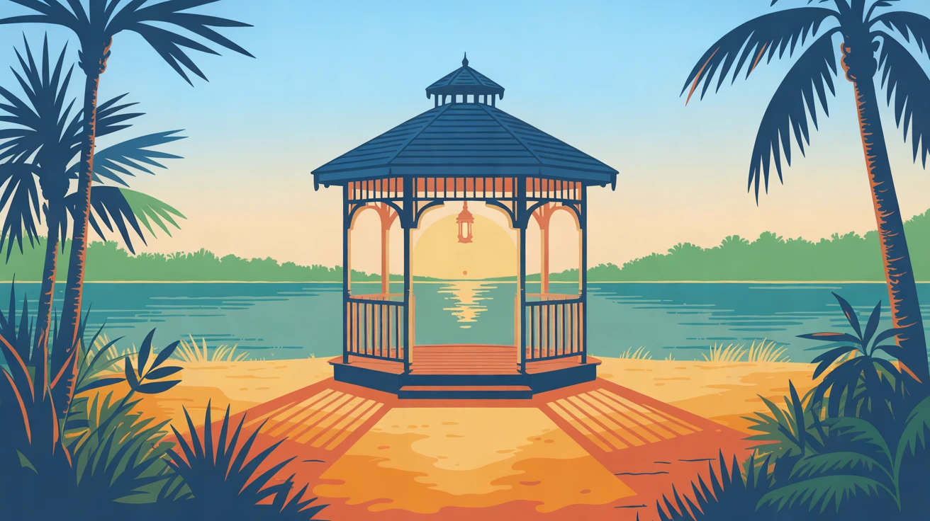Illustration of a small open gazebo at the end of a lakeside walkway, a lantern lit inside it under a low golden sun, in golden hour light